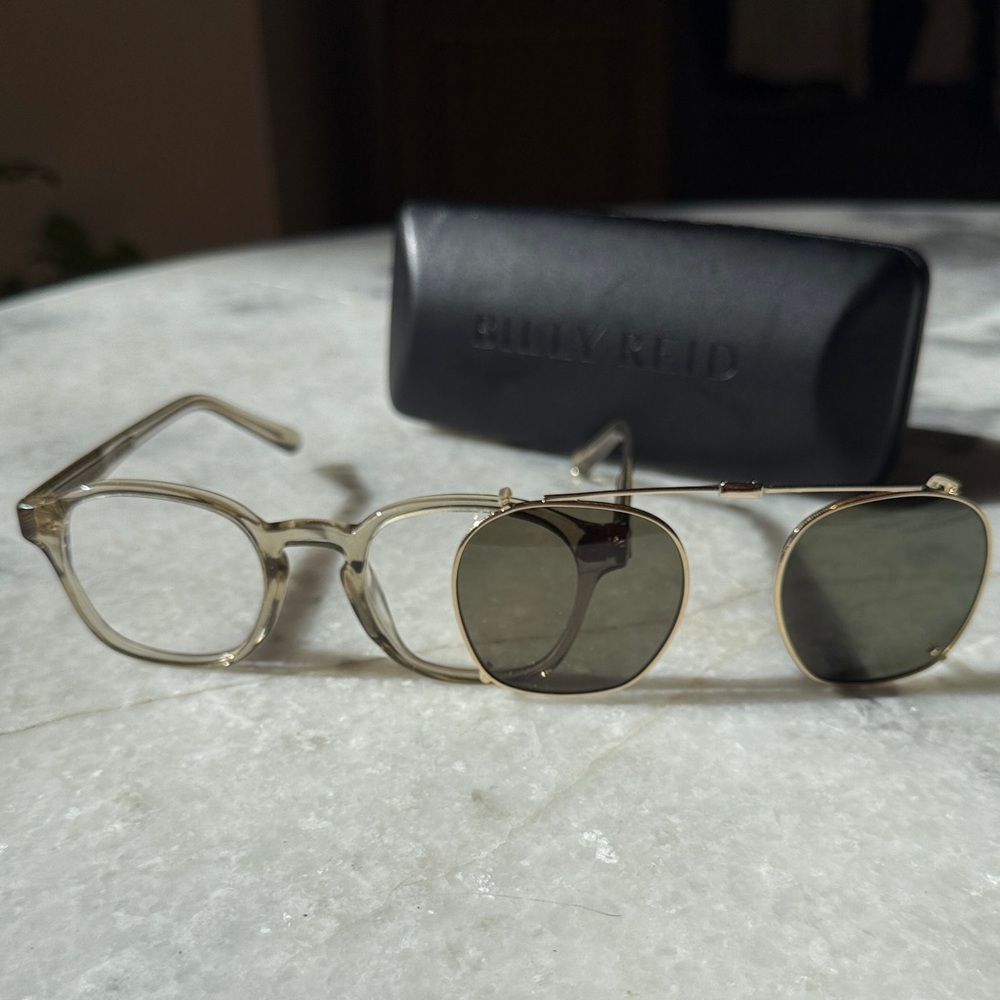 Billy Reid Clear Frame Sunglasses with Gold Clip-Ons and Green Lenses